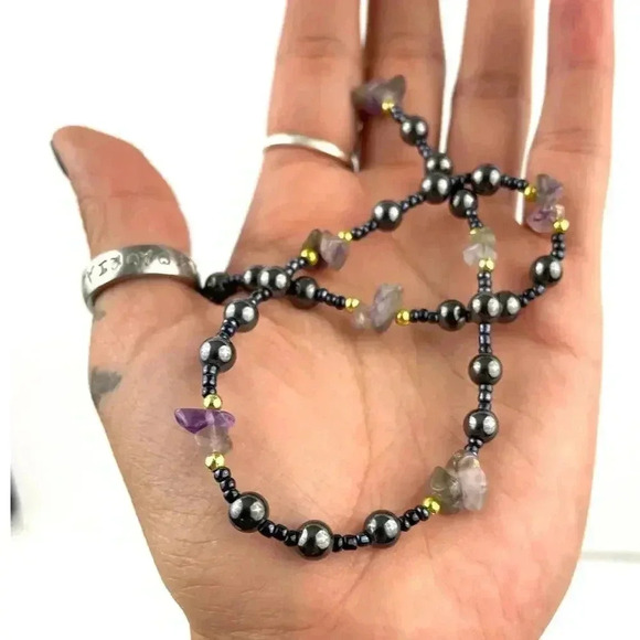 Natural Stone and Metal Beaded Necklace Amethyst  16" Choker Purple Gray - Picture 8 of 14